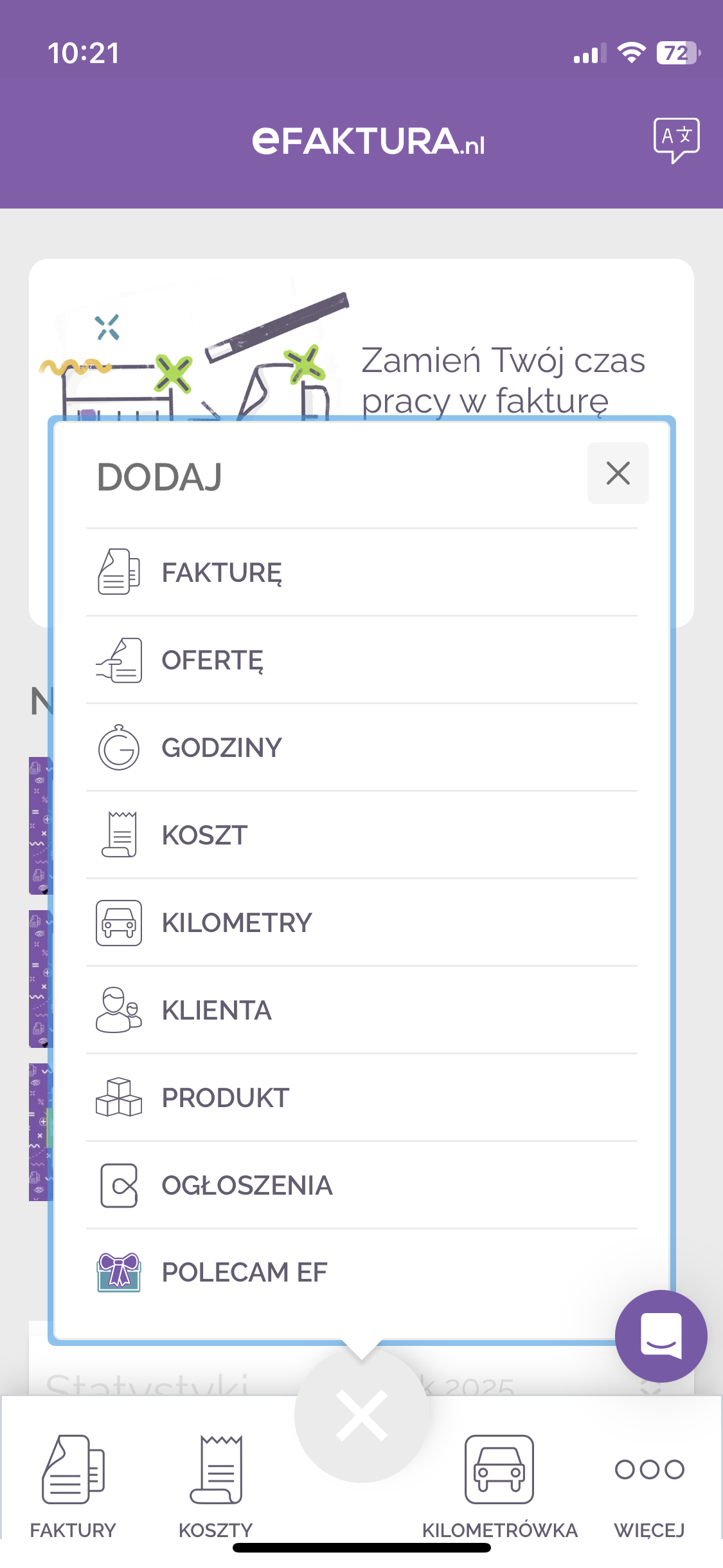 Zrzut ekranu mobilnej aplikacji eFaktura.pl pokazujący menu dodawania nowych elementów w aplikacji